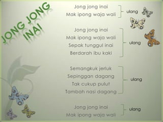 Jong jong inai
                      ulang
Mak ipong waja wali


   Jong jong inai
Mak ipong waja wali
                       ulang
 Sepak tunggul inai
 Berdarah ibu kaki


 Semangkuk jerluk
Sepinggan dagang
                       ulang
  Tak cukup pulut
Tambah nasi dagang


   Jong jong inai      ulang
Mak ipong waja wali
 