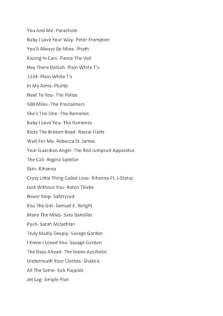 You And Me- Parachute
Baby I Love Your Way- Peter Frampton
You’ll Always Be Mine- Phath
Kissing In Cars- Pierce The Veil
Hey There Delilah- Plain White T’s
1234- Plain White T’s
In My Arms- Plumb
Next To You- The Police
500 Miles- The Proclaimers
She’s The One- The Ramones
Baby I Love You- The Ramones
Bless The Broken Road- Rascal Flatts
Wait For Me- Rebecca St. James
Your Guardian Angel- The Red Jumpsuit Apparatus
The Call- Regina Spektor
Skin- Rihanna
Crazy Little Thing Called Love- Rihanna Ft. J-Status
Lost Without You- Robin Thicke
Never Stop- Safetysuit
Kiss The Girl- Samuel E. Wright
Many The Miles- Sara Bareilles
Push- Sarah Mclachlan
Truly Madly Deeply- Savage Garden
I Knew I Loved You- Savage Garden
The Days Ahead- The Scene Aesthetic
Underneath Your Clothes- Shakira
All The Same- Sick Puppies
Jet Lag- Simple Plan

 