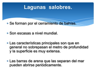 Lagunas salobres.

Se forman por el cerramiento de bahías.

Son escasas a nivel mundial.

Las características principales son que en
general no sobrepasan el metro de profundidad
y la superficie es muy extensa.

Las barras de arena que las separan del mar
pueden abrirse periódicamente.
 