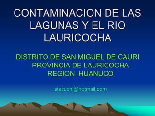 CONTAMINACION DE LASCONTAMINACION DE LAS
LAGUNAS Y EL RIOLAGUNAS Y EL RIO
LAURICOCHALAURICOCHA
DISTRITO DE SAN MIGUEL DE CAURIDISTRITO DE SAN MIGUEL DE CAURI
PROVINCIA DE LAURICOCHAPROVINCIA DE LAURICOCHA
REGION HUANUCOREGION HUANUCO
stacuchi@hotmail.comstacuchi@hotmail.com
 