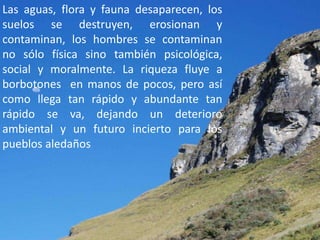 Las aguas, flora y fauna desaparecen, los
suelos se destruyen, erosionan y
contaminan, los hombres se contaminan
no sólo física sino también psicológica,
social y moralmente. La riqueza fluye a
borbotones en manos de pocos, pero así
como llega tan rápido y abundante tan
rápido se va, dejando un deterioro
ambiental y un futuro incierto para los
pueblos aledaños
 