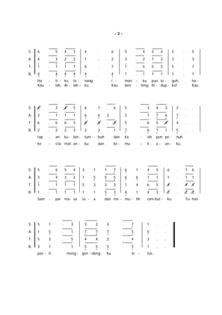 - 2 -
S. 6 . 5 4 3 4 . 6 5 . 4 3 4 5 . 5
A. 4 . 3 2 3 1 . 2 3 . 2 1 2 3 . 3
T. 1 . 1 1 7 6 . 7 1 . 5 5 5 5 . 7
B. 4 . 4 4 4 4 . 4 1 . 1 1 1 1 . 1
Ha - ti - ku te - nang, i - man - ku pun te - guh, ha -
Kau - lah, Al - lah - ku, Kau ben - teng hi - dup - ku! Kau
S. 4 . 3 4 5 6 7 . 6 5 . 3 4 3 2 . .
A. 2 . 1 1 1 6 6 2 2 . 1 7 6 7 . .
T. 6 . 6 6 5 4 4 . 4 5 . 6 5 4 4 . .
B. 2 . 2 2 3 2 2 . 1 7 . 6 7 1 5 . .
rap - an- ku ber- tum - buh dan ka - sih pun pe - nuh.
ke - s’la- mat- an - ku dan ke - mu - li - a - an - ku.
S. 5 . 6 5 4 3 1 1 7 6 1 4 5 6 . 7 6
A. 3 . 4 3 2 1 5 5 5 6 6 1 1 1 . 1 1
T. 1 . 1 1 1 5 3 3 3 1 4 6 5 4 . 4 4
B. 1 . 1 1 1 1 1 5 3 4 1 4 3 2 . 2 2
Sam - pai ma- sa tu - a dan me - mu - tih ram-but - ku Tu- han
S. 5 1 . 3 3 2 4 . 7 1 . .
A. 1 5 . 1 7 7 7 . 5 5 . .
T. 5 3 . 5 4 4 2 . 4 3 . .
B. 3 1 . 1 5 5 5 . 5 1 . .
pas - ti meng - gen - dong- ku te - rus.
 