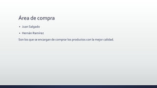Área de compra
 Juan Salgado
 Hernán Ramírez
Son los que se encargan de comprar los productos con la mejor calidad.
 