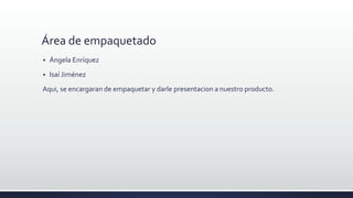Área de empaquetado
 Ángela Enríquez
 Isaí Jiménez
Aqui, se encargaran de empaquetar y darle presentacion a nuestro producto.
 
