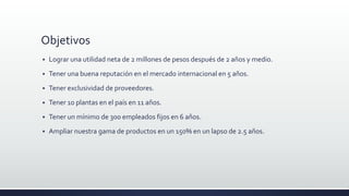 Objetivos
 Lograr una utilidad neta de 2 millones de pesos después de 2 años y medio.
 Tener una buena reputación en el mercado internacional en 5 años.
 Tener exclusividad de proveedores.
 Tener 10 plantas en el país en 11 años.
 Tener un mínimo de 300 empleados fijos en 6 años.
 Ampliar nuestra gama de productos en un 150% en un lapso de 2.5 años.
 