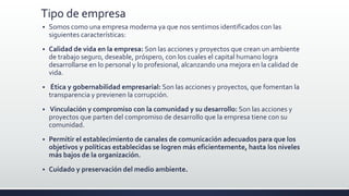 Tipo de empresa
 Somos como una empresa moderna ya que nos sentimos identificados con las
siguientes características:
 Calidad de vida en la empresa: Son las acciones y proyectos que crean un ambiente
de trabajo seguro, deseable, próspero, con los cuales el capital humano logra
desarrollarse en lo personal y lo profesional, alcanzando una mejora en la calidad de
vida.
 Ética y gobernabilidad empresarial: Son las acciones y proyectos, que fomentan la
transparencia y previenen la corrupción.
 Vinculación y compromiso con la comunidad y su desarrollo: Son las acciones y
proyectos que parten del compromiso de desarrollo que la empresa tiene con su
comunidad.
 Permitir el establecimiento de canales de comunicación adecuados para que los
objetivos y políticas establecidas se logren más eficientemente, hasta los niveles
más bajos de la organización.
 Cuidado y preservación del medio ambiente.
 