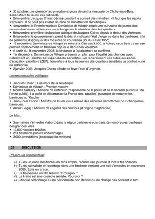  30 octobre: une grenade lacrymogène explose devant la mosquée de Clichy-sous-Bois,
déclenchant la colère des habitants.
 2 novembre: Jacques Chirac déclare pendant le conseil des ministres: «Il faut que les esprits
s‟apaisent. Il ne peut pas exister de zone de non-droit en République».
 4 novembre: le Premier ministre Dominique de Villepin reçoit une quinzaine de jeunes des
zones urbaines sensibles pour un échange sur la situation dans les quartiers.
 6 novembre: première déclaration publique de Jacques Chirac depuis le début des violences.
 8 novembre: le gouvernement prend le décret instituant l‟état d‟urgence dans les banlieues, afin
de permettre d‟appliquer des mesures de couvre-feu (loi du 3 avril 1955).
 15 novembre: Dominique de Villepin se rend à la Cité des 3.000, à Aulnay-sous-Bois ; c‟est son
premier déplacement en banlieue depuis le début des violences.
 A partir du 16 novembre 2005: la tendance à l‟apaisement se confirme.
 1er décembre: Dominique de Villepin présente un plan pour l‟égalité des chances avec
notamment un «contrat de responsabilité parentale», un renforcement des aides aux zones
d‟éducation prioritaire (ZEP), l‟ouverture à tous les jeunes des quartiers sensibles du contrat jeune
en entreprise.
 2 janvier 2006: Jacques Chirac décide de lever l‟état d‟urgence.

Les responsables politiques:

 Jacques Chirac : Président de la république
 Dominique de Villepin : Premier ministre
 Nicolas Sarkozy : Ministre de l’intérieur (responsable de la police et de la sécurité publique / de
l‟ordre public). Il a parlé de débarrasser la France des „racailles‟ (scum) et de nettoyer les
banlieues au „Karcher‟
 Jean-Louis Borloo : Ministre de la ville qui a réalisé des réformes importantes pour changer les
banlieues.
 Azouz Begag : Ministre de l’égalité des chances (d‟origine maghrébine)

Le bilan:

 3 semaines d‟émeutes d‟abord dans la région parisienne puis dans de nombreuses banlieues
des grandes villes
 10.000 voitures brûlées
 233 bâtiments publics endommagés
 3.000 arrestations (beaucoup de mineurs)


35          DISCUSSION

Prépare un commentaire:

   a) Tu es un jeune des banlieues sans emploi, raconte une journée et inclus tes opinions
   b) Tu es journaliste en reportage dans une banlieue pendant une nuit d‟émeutes en novembre
      2005. Ecris un article.
   c) La haine est-il un film réaliste ? Pourquoi ?
   d) La Haine est une comédie réaliste. Pourquoi ?
   e) Chaque personnage a une personnalité bien définie qui ne change pas pendant le film.
 