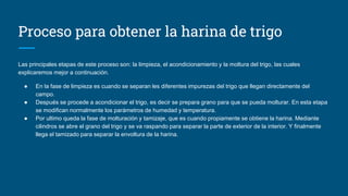 Proceso para obtener la harina de trigo
Las principales etapas de este proceso son: la limpieza, el acondicionamiento y la moltura del trigo, las cuales
explicaremos mejor a continuación.
● En la fase de limpieza es cuando se separan les diferentes impurezas del trigo que llegan directamente del
campo.
● Después se procede a acondicionar el trigo, es decir se prepara grano para que se pueda molturar. En esta etapa
se modifican normalmente los parámetros de humedad y temperatura.
● Por ultimo queda la fase de molturación y tamizaje, que es cuando propiamente se obtiene la harina. Mediante
cilindros se abre el grano del trigo y se va raspando para separar la parte de exterior de la interior. Y finalmente
llega el tamizado para separar la envoltura de la harina.
 