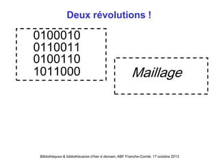 Bibliothèques & bibliothécaires d’hier à demain, ABF Franche-Comté, 17 octobre 2013
Deux révolutions !
0100010
0110011
0100110
1011000 Maillage
 