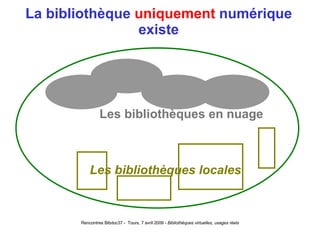 La bibliothèque  uniquement  numérique existe Les bibliothèques locales Les bibliothèques en nuage 
