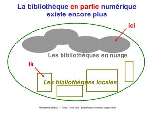 La bibliothèque  en partie  numérique existe encore plus Les bibliothèques locales Les bibliothèques en nuage ici là 