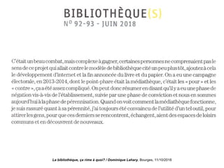 La bibliothèque, ça rime à quoi? / Dominique Lahary. Bourges, 11/10/2018
 