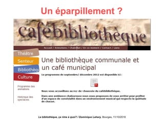 Un éparpillement ?
La bibliothèque, ça rime à quoi? / Dominique Lahary. Bourges, 11/10/2018
 