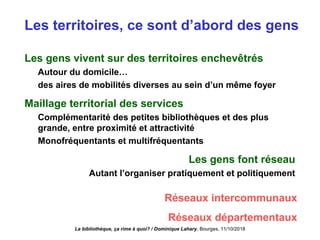 Les territoires, ce sont d’abord des gens
Les gens vivent sur des territoires enchevêtrés
Autour du domicile…
des aires de mobilités diverses au sein d’un même foyer
Maillage territorial des services
Complémentarité des petites bibliothèques et des plus
grande, entre proximité et attractivité
Monofréquentants et multifréquentants
Les gens font réseau
Autant l’organiser pratiquement et politiquement
La bibliothèque, ça rime à quoi? / Dominique Lahary. Bourges, 11/10/2018
Réseaux intercommunaux
Réseaux départementaux
 