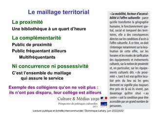 Le maillage territorial
La proximité
Une bibliothèque à un quart d’heure
La complémentarité
Public de proximité
Public fréquentant ailleurs
Multifréquentants
Ni concurrence ni possessivité
C’est l’ensemble du maillage
qui assure le service
Lecture publique et échelle intercommunale / Dominique Lahary. juin 20222022
Exemple des collégiens qu’on ne voit plus :
ils n’ont pas disparu, leur collège est ailleurs
 