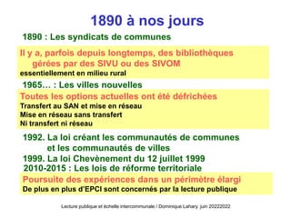 1890 à nos jours
1890 : Les syndicats de communes
Il y a, parfois depuis longtemps, des bibliothèques
gérées par des SIVU ou des SIVOM
essentiellement en milieu rural
1965… : Les villes nouvelles
Toutes les options actuelles ont été défrichées
Transfert au SAN et mise en réseau
Mise en réseau sans transfert
Ni transfert ni réseau
1992. La loi créant les communautés de communes
et les communautés de villes
1999. La loi Chevènement du 12 juillet 1999
2010-2015 : Les lois de réforme territoriale
Poursuite des expériences dans un périmètre élargi
De plus en plus d’EPCI sont concernés par la lecture publique
Lecture publique et échelle intercommunale / Dominique Lahary. juin 20222022
 