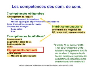 Les compétences des com. de com.
Intérêt communautaire
déterminé à la majorité des
2/3 du conseil communautaire
7 compétences obligatoires
Aménagement de l’espace
Développement économique
Milieux aquatiques et prévention des inondations
Aires d’accueil des gens du voyage
Déchets des ménages
Eaux usées
Eau
7 compétences facultatives*
Environnement
Logement et cadre de vie
Politique de la ville
Voirie
Équipements culturels
Action sociale
Maisons de service public
Lecture publique et échelle intercommunale / Dominique Lahary. juin 20222022
L’article 13 de la loi n° 2019-
1461 du 27 décembre 2019
relative à l’engagement dans la
vie locale et à la proximité de
l’action publique a supprimé les
compétences optionnelles des
communautés de communes.
*
 