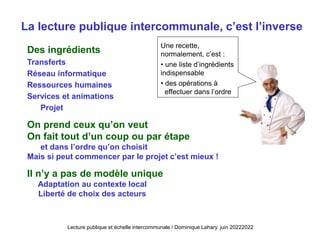 La lecture publique intercommunale, c’est l’inverse
Des ingrédients
Transferts
Réseau informatique
Ressources humaines
Services et animations
Projet
On prend ceux qu’on veut
On fait tout d’un coup ou par étape
et dans l’ordre qu’on choisit
Mais si peut commencer par le projet c’est mieux !
Il n’y a pas de modèle unique
Adaptation au contexte local
Liberté de choix des acteurs
Une recette,
normalement, c’est :
• une liste d’ingrédients
indispensable
• des opérations à
effectuer dans l’ordre
Lecture publique et échelle intercommunale / Dominique Lahary. juin 20222022
 