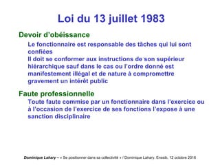 Dominique Lahary – « Se positionner dans sa collectivité » / Dominique Lahary. Enssib, 12 octobre 2016
Loi du 13 juillet 1983
Devoir d’obéissance
Le fonctionnaire est responsable des tâches qui lui sont
confiées
Il doit se conformer aux instructions de son supérieur
hiérarchique sauf dans le cas ou l’ordre donné est
manifestement illégal et de nature à compromettre
gravement un intérêt public
Faute professionnelle
Toute faute commise par un fonctionnaire dans l’exercice ou
à l’occasion de l’exercice de ses fonctions l’expose à une
sanction disciplinaire
 