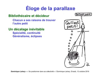 Dominique Lahary – « Se positionner dans sa collectivité » / Dominique Lahary. Enssib, 12 octobre 2016
Éloge de la parallaxe
Bibliothécaire et décideur
Chacun a ses raisons de trouver
l’autre petit
Un décalage inévitable
Spécialité, continuité
Généralisme, éclipses
 