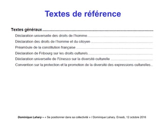 Dominique Lahary – « Se positionner dans sa collectivité » / Dominique Lahary. Enssib, 12 octobre 2016
Textes de référence
 