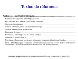 Dominique Lahary – « Se positionner dans sa collectivité » / Dominique Lahary. Enssib, 12 octobre 2016
Textes de référence
 