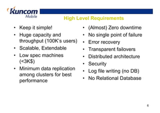 High Level Requirements
• Keep it simple!             •   (Almost) Zero downtime
• Huge capacity and           •   No single point of failure
  throughput (100K’s users)   •   Error recovery
• Scalable, Extendable        •   Transparent failovers
• Low spec machines           •   Distributed architecture
  (<3K$)                      •   Security
• Minimum data replication    •   Log file writing (no DB)
  among clusters for best
  performance                 •   No Relational Database




                                                               6
 