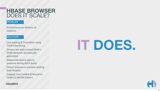 HBASE BROWSER
DOES IT SCALE?
PROBLEM

Performance	
  on	
  Millions	
  of	
  
Columns
SOLUTION

Lazy	
  loading	
  &	
  TruncaKon	
  using	
  
Thri`	
  FilterString
Stream	
  raw	
  data	
  cached	
  MEM	
  >	
  
DOM	
  elements	
  dynamically	
  
generated
b64encode	
  binary	
  data	
  to	
  
preserve	
  during	
  ASCII	
  dump
Detect	
  schema	
  on	
  preview	
  reading	
  
byte	
  headers
Capped,	
  Lazy	
  Loaded	
  &	
  Bound	
  to	
  
DOM	
  via	
  MVVM	
  PaGern

IT DOES.

19

 