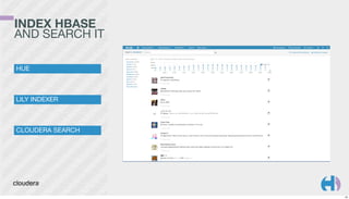 INDEX HBASE
AND SEARCH IT
HUE

LILY INDEXER

CLOUDERA SEARCH

23

 