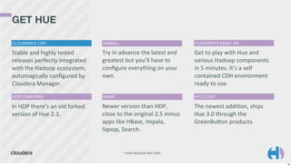 GET HUE
CLOUDERA’S CDH

TARBALL

CLOUDERA’S DEMO VM

Stable	
  and	
  highly	
  tested	
  
releases	
  perfectly	
  integrated	
  
with	
  the	
  Hadoop	
  ecosystem,	
  
automagically	
  conﬁgured	
  by	
  
Cloudera	
  Manager.

Try	
  in	
  advance	
  the	
  latest	
  and	
  
greatest	
  but	
  you’ll	
  have	
  to	
  
conﬁgure	
  everything	
  on	
  your	
  
own.

Get	
  to	
  play	
  with	
  Hue	
  and	
  
various	
  Hadoop	
  components	
  
in	
  5	
  minutes.	
  It’s	
  a	
  self	
  
contained	
  CDH	
  environment	
  
ready	
  to	
  use.

HORTONWORKS*

MAPR*

HP CLOUD*

In	
  HDP	
  there’s	
  an	
  old	
  forked	
  
version	
  of	
  Hue	
  2.3.

Newer	
  version	
  than	
  HDP,	
  
close	
  to	
  the	
  original	
  2.5	
  minus	
  
apps	
  like	
  HBase,	
  Impala,	
  
Sqoop,	
  Search.

The	
  newest	
  addiKon,	
  ships	
  
Hue	
  3.0	
  through	
  the	
  
GreenBuGon	
  products.	
  

* YOUR MILEAGE MAY VARY.

28

 