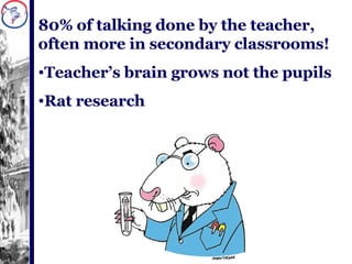 80% of talking done by the teacher, often more in secondary classrooms! Teacher’s brain grows not the pupils Rat research 