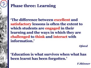 Phase three: Learning ‘ The difference between  excellent  and  satisfactory  lessons is often the extent to which students are  engaged  in their learning and the ways in which they are  challenged  to  think  and  interact  with information.’ Ofsted ‘ Education is what survives when what has been learnt has been forgotten.’ F.Skinner 