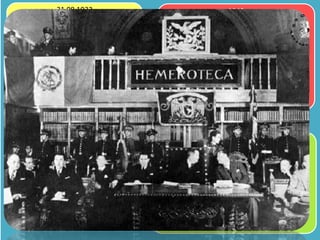 31 08 1932

1942

Se inaugura el Departamento de
Prensa, mejorando el servicio y por
consecuencia el numero de usuarios.
Se logró encuadernar más de 15 mil
ejemplares, entre libros, diarios y
revistas para su mejor conservación.
Sin embargo la labor de Ledesma no
fue continuada por sus sucesores y el
material sufrió un grave abandono.

El rector de la Universidad, Rodulfo Brito
Foucher se dio cuenta del lamentable estado
de los materiales, grandes cantidades de
diarios estaban hacinados en el piso por falta
de muebles. Por lo tanto presentó al concejo
un proyecto para el traslado del material
hemerográfico hacia la antigua Iglesia de San
Pedro y San Pablo. El arquitecto Alfonso
Pallares se encargó de la adaptación del
tempo.

1967
El Consejo Universitario de la
UNAM creó el Instituto de
Investigaciones Bibliográficas,
quedando administrativamente
bajo su resguardo la Biblioteca y
Hemeroteca Nacional. El
crecimiento del acervo provocó
que se acondicionara un espacio
funcional dentro de la Ciudad
Universitaria.

28 03 1944
El rector Brito con apoyo del presidente
Manuel Ávila Camacho, el Secretario de
Educación Pública Jaime Torres Bodet y el
director de la Biblioteca Nacional José
Vasconcelos, inauguró solemnemente la
Hemeroteca Nacional. Contenía 30 mil 225
volúmenes empastados con diarios y revistas
nacionales y extranjeros. El primer director
ilustre fue Rafael Carrasco Puente.

 