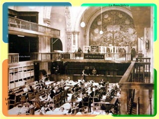 La República

Vida independiente
24 10 1833
Valentín Gómez Farías, establece la
Biblioteca Nacional, conteniendo el
acervo de la Universidad.
El proyecto se postergó varios lustros.

30 11 1867
Benito Juárez, expide un nuevo decreto para
establecer la Biblioteca Nacional, ordenando
el acondicionamiento de la antigua iglesia
de San Agustín y nombrando director de la
misma al sabio y diplomático José María
Lafargua.

09 07 1929
El gobierno federal (Plutarco Elías Calles) otorgó a la
Universidad su autonomía, por lo que la Biblioteca
Nacional y sus acervos dejaron de depender de la
Secretaría de Educación Pública.
23 09 1929
Se le nombra director al poeta Enrique Fernández
Ledesma. Obtuvo recursos de comerciantes, industriales
y banqueros para el acondicionamiento de la capilla del
tempo de San Agustín para trasladar ahí el acervo
hemerográfico.

Revolución Mexicana
1912
El director bibliotecario
Rogelio Fernández
Gual, creó el
Departamento de
Periódicos y Revistas.
Que se colocó en el coro
de la iglesia de San
Agustín.

 