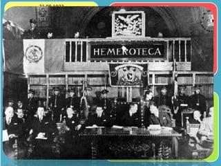 31 08 1932

1942

Se inaugura el Departamento de
Prensa, mejorando el servicio y por
consecuencia el numero de usuarios.
Se logró encuadernar más de 15 mil
ejemplares, entre libros, diarios y
revistas para su mejor conservación.
Sin embargo la labor de Ledesma no
fue continuada por sus sucesores y el
material sufrió un grave abandono.

El rector de la Universidad, Rodulfo Brito
Foucher se dio cuenta del lamentable estado
de los materiales, grandes cantidades de
diarios estaban hacinados en el piso por falta
de muebles. Por lo tanto presentó al concejo
un proyecto para el traslado del material
hemerográfico hacia la antigua Iglesia de San
Pedro y San Pablo. El arquitecto Alfonso
Pallares se encargó de la adaptación del
tempo.

1967
El Consejo Universitario de la
UNAM creó el Instituto de
Investigaciones
Bibliográficas, quedando
administrativamente bajo su
resguardo la Biblioteca y
Hemeroteca Nacional. El
crecimiento del acervo provocó
que se acondicionara un espacio
funcional dentro de la Ciudad
Universitaria.

28 03 1944

El rector Brito con apoyo del presidente
Manuel Ávila Camacho, el Secretario de
Educación Pública Jaime Torres Bodet y el
director de la Biblioteca Nacional José
Vasconcelos, inauguró solemnemente la
Hemeroteca Nacional. Contenía 30 mil 225
volúmenes empastados con diarios y revistas
nacionales y extranjeros. El primer director
ilustre fue Rafael Carrasco Puente.

 