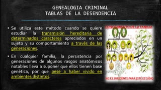 GENEALOGIA CRIMINAL
TABLAS DE LA DESENDENCIA
▪ Se utiliza este método cuando se quiere
estudiar la transmisión hereditaria de
determinados caracteres apreciados en un
sujeto y su comportamiento a través de las
generaciones.
▪ En cualquier familia, la persistencia por
generaciones de algunos rasgos anatómicos
notables lleva a suponer que ellos tienen base
genética, por que pese a haber vivido en
ambientes distintos.
CONOCIMIENTO DE LA FAMILIA
NO ES SUFICIENTE PARA ESTE ESTUDIO
 