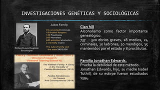 INVESTIGACIONES GENÉTICAS Y SOCIOLÓGICAS
Clan hill
Alcoholismo como factor importante
genealógico.
737 : 320 ebrios graves, 28 medios, 24
criminales, 10 ladrones, 20 mendigos, 35
mantenidos por el estado y 8 prostitutas.
Familia Jonathan Edwards.
Prueba la debilidad de este método.
Jonathan Edwards, hijo, su madre Isabel
Tuthill, de su estirpe fueron estudiados
1394.
 