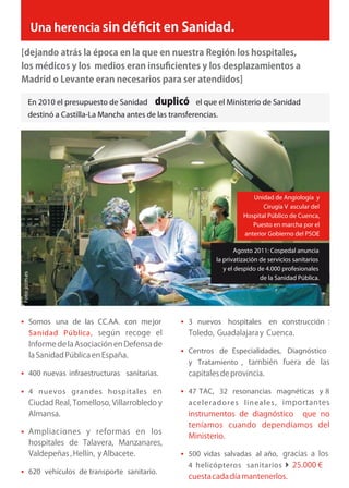 En 2010 el presupuesto de Sanidad                 el que el Ministerio de Sanidad
          destinó a Castilla-La Mancha antes de las transferencias.




                                                                               Unidad de Angiología y
                                                                                   Cirugía V ascular del
                                                                            Hospital Público de Cuenca,
                                                                               Puesto en marcha por el
                                                                            anterior Gobierno del PSOE

                                                                         Agosto 2011: Cospedal anuncia
                                                                  la privatización de servicios sanitarios
                                                                     y el despido de 4.000 profesionales
Foto: jccm.es




                                                                                   de la Sanidad Pública.




 Somos una de las CC.AA. con me jor                    3 nuevos     hospitales en construcción
            Sanidad Pública,

                                                        Centros de Especialidades, Diagnóstico
                                                          y Tratamiento
 400 nuevas infraestructuras sanitarias.

 4 nuevos grandes hospitales                           47 TAC, 32 resonancias magnéticas y 8
                                                          a ce lera d ores lin ea les





                                                        500 vidas salvadas al año,
                                                          4 helicópteros sanitarios 
 620 vehículos de transporte sanitario.
 