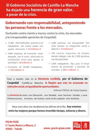  15.000                                   4.000 personas con discapacidad
  trabajadores por cuenta propia con
  ayudas de la Junta                               

 2.000 empresas de economía social        100 Centros Especiales de Empleo
  apoyadas por la Junta

                                          2.000 trabajadores     jos para el me jor
 Formación de 150.000 trabajadores          sistema de prevención y extinción de
                                            incendios  603,3 millones €



 Esto y mucho más es la                                 ,
            :   Castilla-La Mancha,



 La           de tener una Educación, una Sanidad, unos Servicios Sociales y unas
 Infraestructuras, al menos, tan buenas como la de cualquier otro territorio.


      Hace unos años nos situábamos los últimos de la la,
 