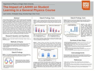 The Impact of LAHHH on Student
Learning in a General Physics Course
Liam Contino; Christopher Dang; Amandip Singh; Drew Turner
Department of Physics at Oregon State University
Learning Assistant Homework Help Hours (LAHHH) are three-hour sessions held weekly
by Physics Learning Assistants. LAHHH is led by Learning Assistants, undergraduate
students who successfully completed the general physics series and who now offer
academic support to students enrolled in the PH 20x series. This research project set out
to investigate the effectiveness of LAHHH as a resource for students enrolled in PH 201
at Oregon State University. The main goal of the LAHHH includes offering a time and
space for peer-to-peer learning, providing classmates an opportunity to work
collaboratively on homework problems, and to study for exams with the help and guidance
of Learning Assistants (LAs). The study focused on evaluating the impact of LAHHH on
student performance in PH 201. The Learning Catalytics clicker system was used to
deliver survey questions regarding LAHHH utilization. GPA data was collected to separate
the students into four GPA quartiles to account for ability-based variance. Finally, midterm
scores were gathered. Collected data was then utilized to map out the relationship
between LAHHH attendance and exam scores. Normalized gains were considered in
order to observe the relationship between changes in LAHHH attendance and changes in
performance between exam 1 and exam 2. Analysis of the data yielded significant
observations in the lowest GPA quartile, as well as improvements in exam scores of
attendees from exam 1 to exam 2. Analysis of normalized gains also showed a positive
relationship between changes in LAHHH attendance and increase in exam scores.
Research Question and Hypothesis
Question: How does LAHHH attendance affect student performance on exams?
Hypothesis: Students that attend LAHHH will have higher midterm scores than
students who do not.
Methods of Inquiry
 Studies conducted at University of Colorado Boulder, California State University Chico,
and Loyola Marymount University support the idea that learning assistants and
interactive engagement have a positive impact on student performance. This would
support our hypothesis since LAHHH has a high amount of LA availability and LA-
student interaction.
Students were surveyed the following questions:
 How many LAHHH sessions did you attend before Midterm 1?
 How many LAHHH sessions did you attend after Midterm 1?
Synthesis & Next Steps
 Students who participate in more interactive engagement opportunities, like LAHHH, tend to
have larger gains than those who do not.
 The data suggests that students who struggle in their studies are more likely to seek out
academic resources, such as LAHHH, in order to better understand the material.
 Selection bias in this study
 Midterm averages of study participants is higher than the average of the class as a whole.
 Students who were not present for class on the day the survey was conducted are not
included.
 In a future study there should be a sign-in sheet at LAHHH sessions.
 Students in this study had to think back 8 weeks to remember how many sessions they
went to, may be inaccurate.
 Data was not collected from students who withdrew from the course before week 8.
Acknowledgements
We want to thank the Oregon State University Physics Department for funding the
Learning Assistant program. Special thanks to Kenneth Walsh, the supervisor of LAHHH
and professor for the General Physics course used in this study, and also to Dennis
Bennett for his contributions to the study design.
References
1.Coletta, Vincent P., and Jeffrey A. Phillips. "Interpreting FCI scores: Normalized gain,
preinstruction scores, and scientific reasoning ability." American Journal of Physics 73.12
(2005): 1172-1182.
2.Otero, Valerie, Steven Pollock, and Noah Finkelstein. "A physics department’s role in preparing
physics teachers: The Colorado learning assistant model." American Journal of Physics 78.11
(2010): 1218-1224.
3.Van Dusen, Ben, Laurie Langdon, and Valerie Otero. "Learning Assistant Supported Student
Outcomes (LASSO) study initial findings." arXiv preprint arXiv:1509.05358 (2015).
Figure 1: LAHHH attendance breakdown by
quartiles: Q1 represents students who were in
the top quartile in terms of cumulative GPA
prior to entering fall term.
Analysis of the charts in Figure 1 shows that
LAHHH attendance was similar for students
from each quartile, and that each GPA quartile
was represented fairly evenly throughout the
term.
Figure 2: Mean + SEM for quartile 1-4 comparing average
midterm 1 scores for students who attended LAHHH prior to
midterm 1 and students who did not attend.
Q1: nNo = 45, nyes = 26, t-test probability, two-tailed, t-value = 0.36, p-value = 0.720
Q2: nNo = 48, nYes = 24, t-test probability, two-tailed, t-value = 1.39, p-value = 0.171
Q3: nNo = 52, nYes = 19, t-test probability, two-tailed, t-value = 1.05, p-value = 0.301
Q4: nNo = 53, nYes = 18, t-test probability, two-tailed, t-value = 2.83, p-value = 0.007
Figure 3: Mean + SEM for quartile 1-4 comparing average
midterm 2 scores for students who attended LAHHH between
midterm 1 and 2 and students who did not attend.
Q1: nNo = 41, nyes = 30, t-test probability, two-tailed, t-value = 0.05, p-value = 0.954
Q2: nNo = 43, nYes = 29, t-test probability, two-tailed, t value = 0.612, p-value = 0.542
Q3: nNo = 54, nYes = 17, t-test probability, two-tailed, t value = 1.02, p-value = 0.318
Q4: nNo = 47, nYes = 24, t-test probability, two-tailed, t value = 0.429, p-value = 0.670
Based on Figure 2 and Figure 3, student GPA can be used as a good indicator of exam
scores. The most drastic change between midterm 1 and midterm 2 occurred in quartile
4, which was analyzed more in-depth in Figure 4.
Data & Findings
Figure 4: Mean + SEM for Q4 students who attended LAHHH before midterm 1
but did not attend after midterm 1.
Midterm 1 (adj) score = Midterm 2avg = 1.03*Midterm 1avg score
n=7, t-test probability, two-tailed, matched pairs t-value = 3.713, p-value = 0.0099.
Investigating the performance of Q4 students further provided some additional insight
into LAHHH effects on student performance. Based on Figure 4, Q4 students who
previously attended LAHHH before midterm 1, but stopped attending LAHHH after
midterm 1, showed about an 8-10% drop on average in midterm 2 scores, another
statistically significant find. These results seem to indicate that continued attendance
aided in providing stability to exam scores from midterm 1 to midterm 2, whereas
decreases in attendance were strongly associated with a significant drop in exam score
averages
Figure 5: Average normalized gains for students based on
change to LAHHH attendance after midterm 1.
n4: 8, n3: 11, n2: 21, n1: 40, n0:142, n-1: 38, n-2: 23
Normalized Gains (Coletta &
Phillips) is a useful analytical tool
to see if increased frequency (in
this case, LAHHH attendance)
correlates with higher academic
gains (in this case, between exams
1 and 2). The normalized gains
analysis quantified the gains in
exam scores made by students
who attended LAHHH hours,
regardless of which GPA quartile
they fell into. The positive trend is
suggestive that those who visited
LAHHH more frequently in
between the two midterms in the
class yielded the highest gains in
midterm score.
Data & Findings, Cont.
Section 1: First, attendance was analyzed to determine if there were enough stu-
dents from each quartile being represented at LAHHH sessions. It was important to deter-
mine that our analysis was not being too heavily influenced by one quartile
Section 2: Given a similar presence at LAHHH from each quartile, this section
set out to determine if breaking up students into quartiles based on GPA was a valid
method to analyze student performance on exams. This was necessary in order to
determine if our matched pairs analysis for Q4 students (Figure 4) would provide valid
results.
Section 3: Based on Figure 2 and Figure 3 we noticed a sharp decline in
midterm scores for quartile 4 students who were attending LAHHH. It was noted that
most of the quartile 4 students who had performed well on the first exam stopped
coming, prior to the second exam. If LAHHH was having no influence on these
students we would expect quartile 4 students average score on midterm 2 to increase;
however, we did not see an increase in midterm 2 scores for quartile 4 students that
did not attend LAHHH.
Section 4: Based on the results from analyzing Figure 4, we sought to further
quantify the correlation present between changes in LAHHH attendances after the first
exam and midterm 2 scores. Figure 5 expresses the usage of normalized gains to
achieve quantification of such correlations.
Data & Findings, Cont.Abstract
 
