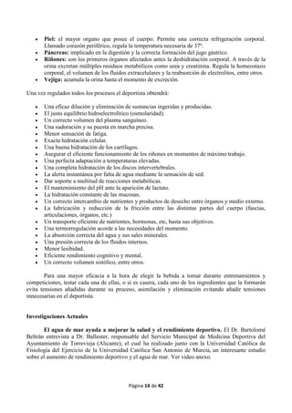 Página 14 de 42
 Piel: el mayor organo que posee el cuerpo. Permite una correcta refrigeración corporal.
Llamado corazón periférico, regula la temperatura necesaria de 37º.
 Páncreas: implicado en la digestión y la correcta formación del jugo gástrico.
 Riñones: son los primeros órganos afectados antes la deshidratación corporal. A través de la
orina excretan múltiples residuos metabólicos como urea y creatinina. Regula la homeostasis
corporal, el volumen de los fluidos extracelulares y la reabsorción de electrolitos, entre otros.
 Vejiga: acumula la orina hasta el momento de excreción.
Una vez regulados todos los procesos el deportista obtendrá:
 Una eficaz dilución y eliminación de sustancias ingeridas y producidas.
 El justo equilibrio hidroelectrolítico (osmolaridad).
 Un correcto volumen del plasma sanguíneo.
 Una sudoración y su puesta en marcha precisa.
 Menor sensación de fatiga.
 Exacta hidratación celular.
 Una buena hidratación de los cartílagos.
 Asegurar el eficiente funcionamiento de los riñones en momentos de máximo trabajo.
 Una perfecta adaptación a temperaturas elevadas.
 Una completa hidratación de los discos intervertebrales.
 La alerta instantánea por falta de agua mediante la sensación de sed.
 Dar soporte a multitud de reacciones metabólicas.
 El mantenimiento del pH ante la aparición de lactato.
 La hidratación constante de las mucosas.
 Un correcto intercambio de nutrientes y productos de desecho entre órganos y medio externo.
 La lubricación y reducción de la fricción entre las distintas partes del cuerpo (fascias,
articulaciones, órganos, etc.)
 Un transporte eficiente de nutrientes, hormonas, etc, hasta sus objetivos.
 Una termorregulación acorde a las necesidades del momento.
 La absorción correcta del agua y sus sales minerales.
 Una presión correcta de los fluidos internos.
 Menor lesibidad.
 Eficiente rendimiento cognitivo y mental.
 Un correcto volumen sistólico, entre otros.
Para una mayor eficacia a la hora de elegir la bebida a tomar durante entrenamientos y
competiciones, testar cada una de ellas, o si es casera, cada uno de los ingredientes que la formarán
evita tensiones añadidas durante su proceso, asimilación y eliminación evitando añadir tensiones
innecesarias en el deportista.
Investigaciones Actuales
El agua de mar ayuda a mejorar la salud y el rendimiento deportivo. El Dr. Bartolomé
Beltrán entrevista a Dr. Ballester, responsable del Servicio Municipal de Medicina Deportiva del
Ayuntamiento de Torrevieja (Alicante), el cual ha realizado junto con la Universidad Católica de
Fisiología del Ejercicio de la Universidad Católica San Antonio de Murcia, un interesante estudio
sobre el aumento de rendimiento deportivo y el agua de mar. Ver video anexo.
 