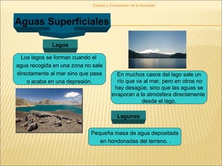 Estudio y Compresión de la Sociedad
Aguas Superficiales
Lagos
Los lagos se forman cuando el
agua recogida en una zona no sale
directamente al mar sino que pasa
o acaba en una depresión.
Pequeña masa de agua depositada
en hondonadas del terreno. .
Lagunas
En muchos casos del lago sale un
río que va al mar, pero en otros no
hay desagüe, sino que las aguas se
evaporan a la atmósfera directamente
desde el lago.
 