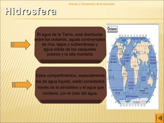 HidrosferaHidrosfera
Estudio y Compresión de la Sociedad
El agua de la Tierra, está distribuida
entre los océanos, aguas continentales
de ríos, lagos y subterráneas y
agua sólida de los casquetes
polares y la alta montaña.
Estos compartimentos, especialmente
los de agua líquida, están conectados
través de la atmósfera y el agua que
contiene, por el ciclo del agua.
 