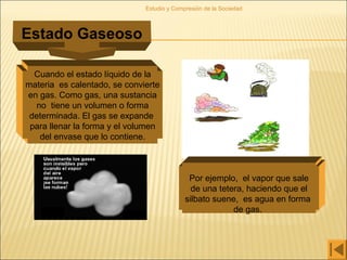 Estudio y Compresión de la Sociedad
Estado Gaseoso
Cuando el estado líquido de la
materia es calentado, se convierte
en gas. Como gas, una sustancia
no tiene un volumen o forma
determinada. El gas se expande
para llenar la forma y el volumen
del envase que lo contiene.
Por ejemplo, el vapor que sale
de una tetera, haciendo que el
silbato suene, es agua en forma
de gas.
 