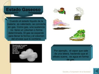 Estudio y Compresión de la Sociedad
Estado Gaseoso
Cuando el estado líquido de la
materia es calentado, se convierte
en gas. Como gas, una sustancia
no tiene un volumen o forma
determinada. El gas se expande
para llenar la forma y el volumen
del envase que lo contiene.
Por ejemplo, el vapor que sale
de una tetera, haciendo que el
silbato suene, es agua en forma
de gas.
 