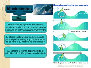 Estudio y Compresión de la Sociedad
Movimientos
Olas
Son masas de agua en movimiento
debido a los vientos o a los movimientos
sísmicos en el fondo marino (maremoto).
El oleaje suele afectar solamente a la
parte superior del agua y prácticamente
no se nota a 30 metros de profundidad.
Su tamaño y fuerza dependen de la
velocidad, duración y dirección del viento..
 