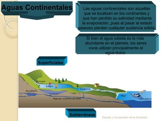 Estudio y Compresión de la Sociedad
Aguas Continentales Las aguas continentales son aquellas
que se localizan en los continentes y
que han perdido su salinidad mediante
la evaporación, pues al pasar al estado
gaseoso pierden cualquier sustancia sólida.
Superficiales
Subterráneas
Si bien el agua salada es la más
abundante en el planeta, los seres
vivos utilizan principalmente el
agua dulce.
 