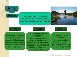 Estudio y Compresión de la Sociedad
Ríos
Régimen
Las variaciones que sufre el
caudal de un río durante el año
están determinadas por su régimen.
Pluvial Nivoso Mixto
Son los que aumentan
su caudal durante la
estación de las lluvias,
que varía dependiendo
de la zona climática de
la que se trate.
Son aquellos que se
alimentan del
derretimiento de la
nieve acumulada en
la cima de las montañas,
alcanzando su mayor nivel
durante la primavera y
el verano.
Son ríos que se
alimentan de
diversas fuentes
a lo largo del año,
por lo que su caudal
es mucho más estable.
 
