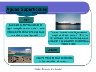 Aguas Superficiales Lagos Los lagos se forman cuando el  agua recogida en una zona no sale directamente al mar sino que pasa  o acaba en una depresión. Pequeña masa de agua depositada en hondonadas del terreno.  . Lagunas En muchos casos del lago sale un río que va al mar, pero en otros no hay desagüe, sino que las aguas se  evaporan a la atmósfera directamente  desde el lago. 