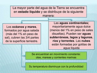 La mayor parte del agua de la Tierra se encuentra
en estado líquido y se distribuye de la siguiente
manera:

Los océanos y mares,
formados por agua salada
(más del 1% en peso de
sal), cubren las 3/4 partes
de la superficie terrestre.

Las aguas continentales;
mayoritariamente agua dulce
(menos del 1% en peso de sales
disueltas). Pueden ser aguas
subterráneas, lagos y lagunas,
ríos y torrentes. Las nubes
están formadas por gotitas de
agua líquida

Se encuentran en movimiento constante:
olas, mareas y corrientes marinas
Su temperatura disminuye con la profundidad

 